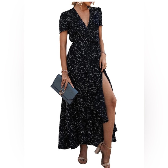 NWT Pretty Garden Maxi Polk Dot Boho Full Wrap Dress - Picture 2 of 7